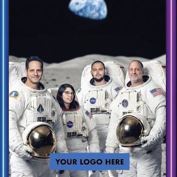 Four astronauts in spacesuits posing on the moon with Earth in the background.