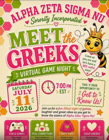 Invitation poster for Alpha Zeta Sigma Nu sorority's virtual game night.