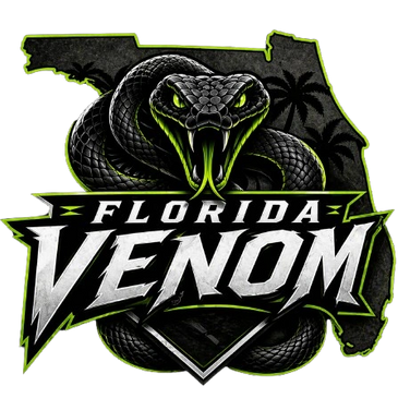 Logo of Florida Venom with a fierce black snake and bold text.