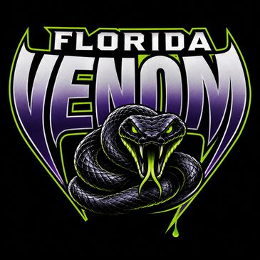 Logo featuring a fierce black snake with green eyes and the words Florida Venom.