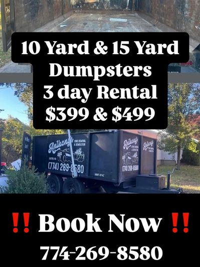 📈 10 & 15 Yard Dumpster Rental
⏰ 3 Day Rental
🏋️ 1 Ton Allowance 
(Does not include charge items)