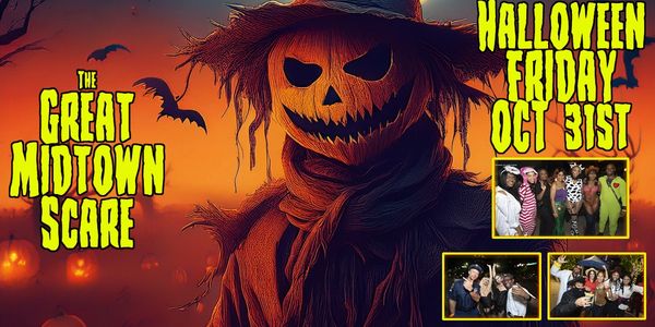 Halloween event poster with a scary pumpkin scarecrow and party photos.