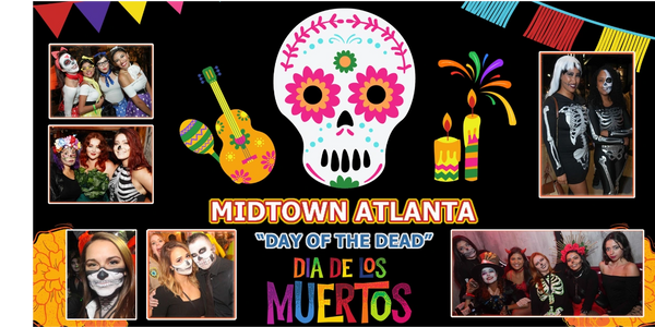 Colorful Day of the Dead celebration with vibrant costumes and face paint in Midtown Atlanta.