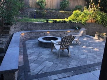 Backyard fire pit on paver patio.