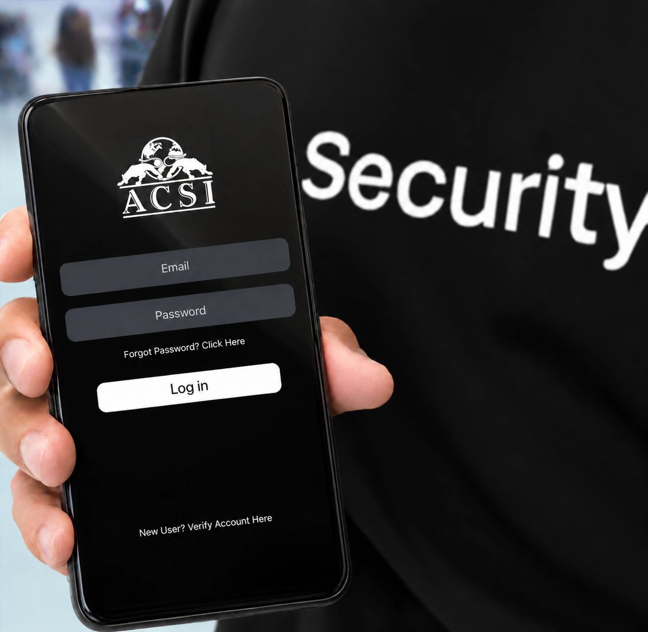 Hand holding phone displaying ACSI login screen with security background.