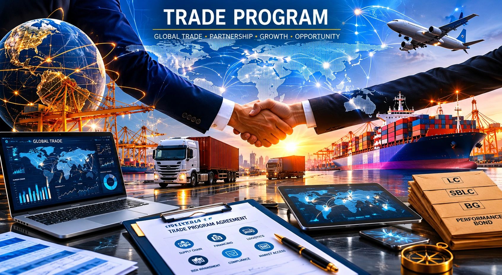 Handshake over a trade agreement with global logistics and transport visuals.