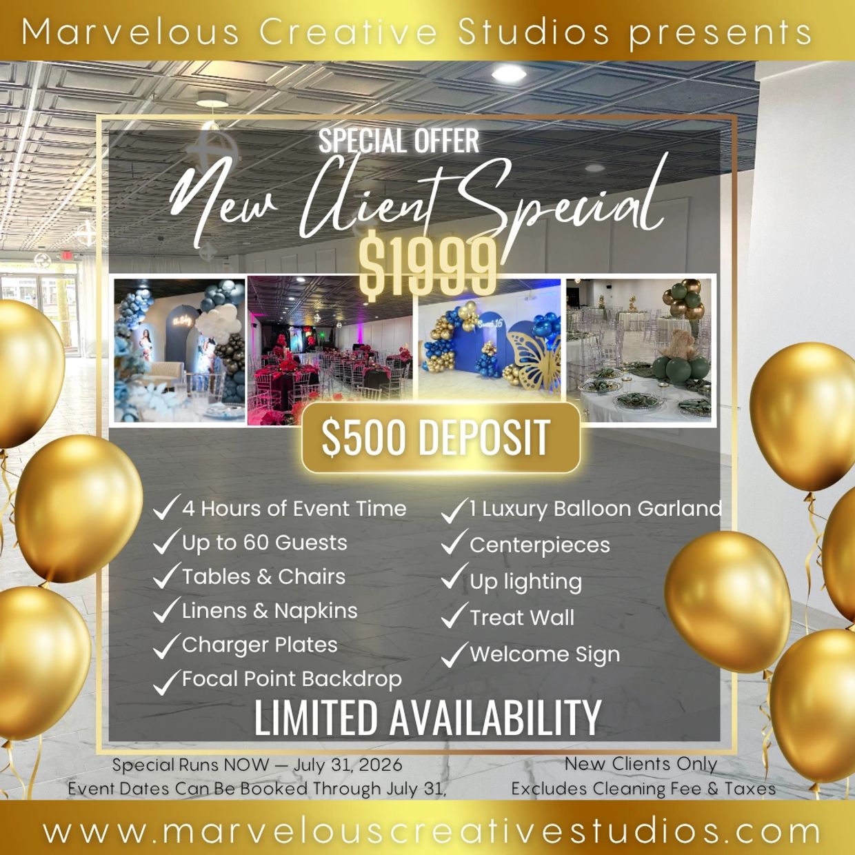 Event space special offer for new clients with 4 hours, 60 guests, and luxurious decorations for $1999.