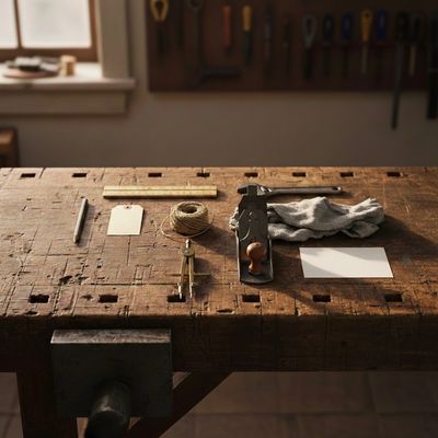 A well used workbench, where nine tools sit in orderly fashion waiting to be used.