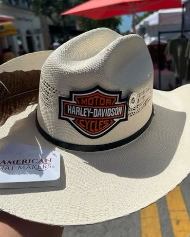 The Harley Straw hat with simple band, HD patch and bullet casing pin - Cost 105.00