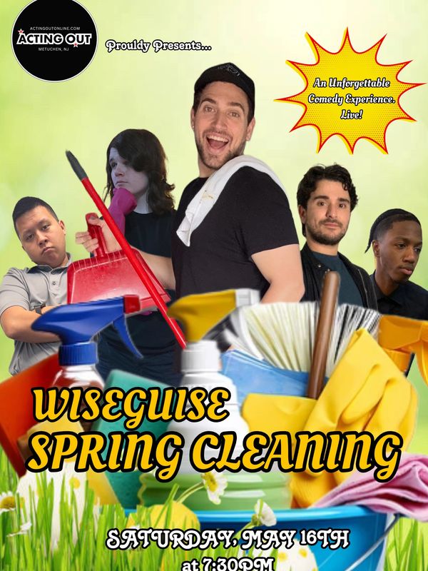 Comedy show poster featuring five performers with cleaning supplies and bright colors.