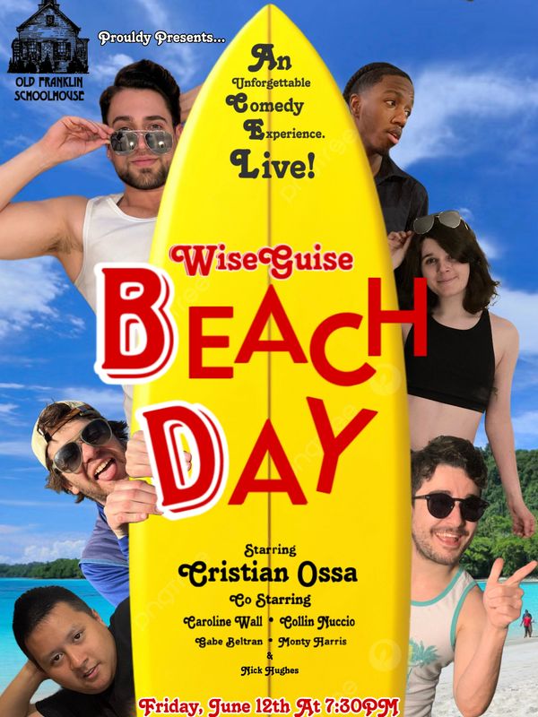 Comedy show poster featuring five people and a yellow surfboard with event details.