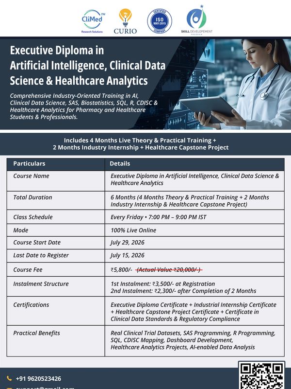 Executive Diploma in AI, Clinical Data Science &amp; Healthcare Analytics, online course with internship and capstone project.