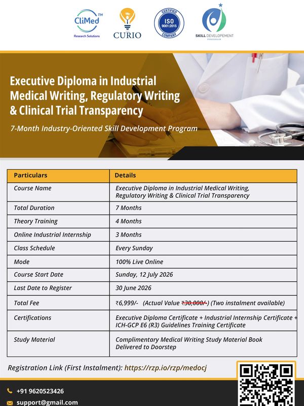 7-month Executive Diploma in Medical Writing with online classes and internship.