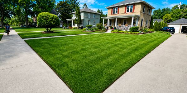 Suburban homes with manicured lawns and concrete sidewalks.