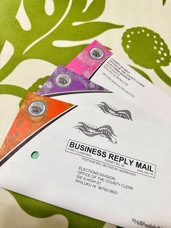 Return envelope for Primary (orange), General (purple) ballots and Outgoing Ballot (pink) envelopes.