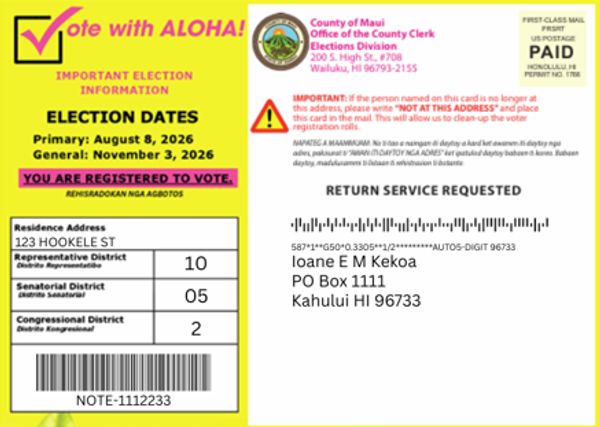 Yellow card with Primary and Election Dates with a voter's name, address, and district information. 
