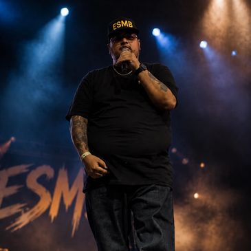 ESMB performing live on stage under blue concert lights.