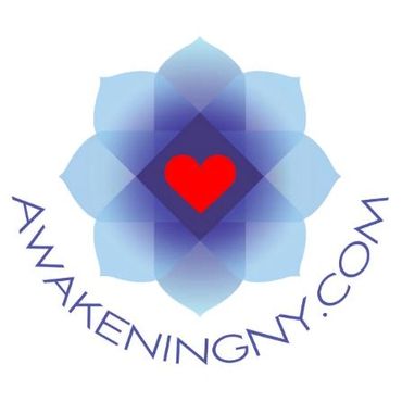Blue geometric floral logo with red heart and website text.
