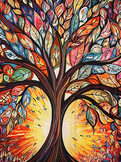 Colorful abstract tree with vibrant leaves and a glowing background.