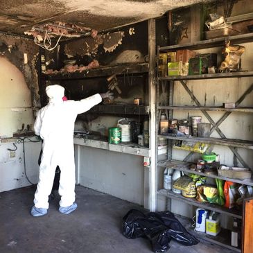 Fire at garage. Fire cleanup, Fire restoration services. Water damaged restoration.