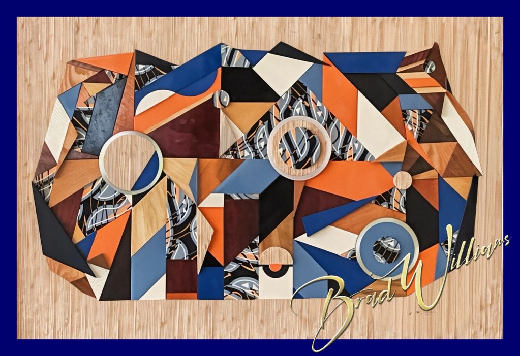 Abstract geometric wall art with wood, blue, orange, and black shapes.