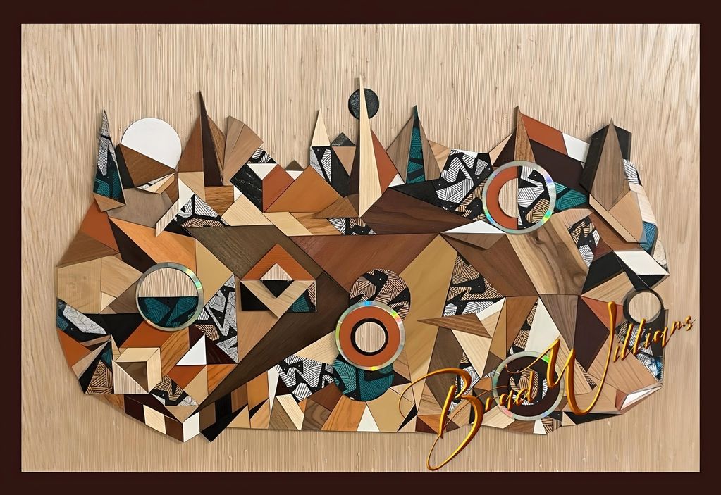 Abstract geometric wooden art with earthy tones and varied shapes.