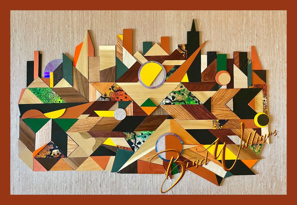 Colorful geometric wood art with urban skyline and 'Buenos Aires' text.