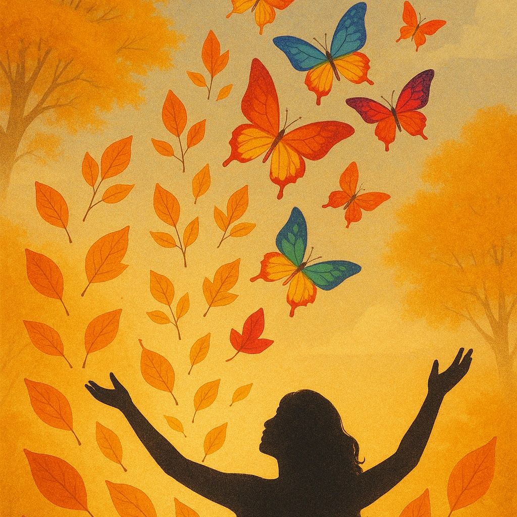 Silhouette of a woman with butterflies and autumn leaves swirling around.