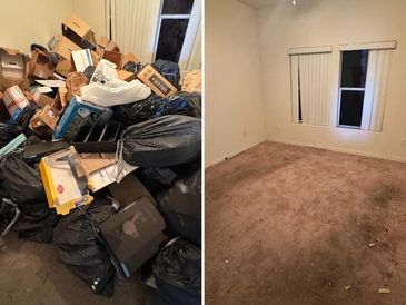 Before and after room cleanup showing a cluttered space and a clean empty room.