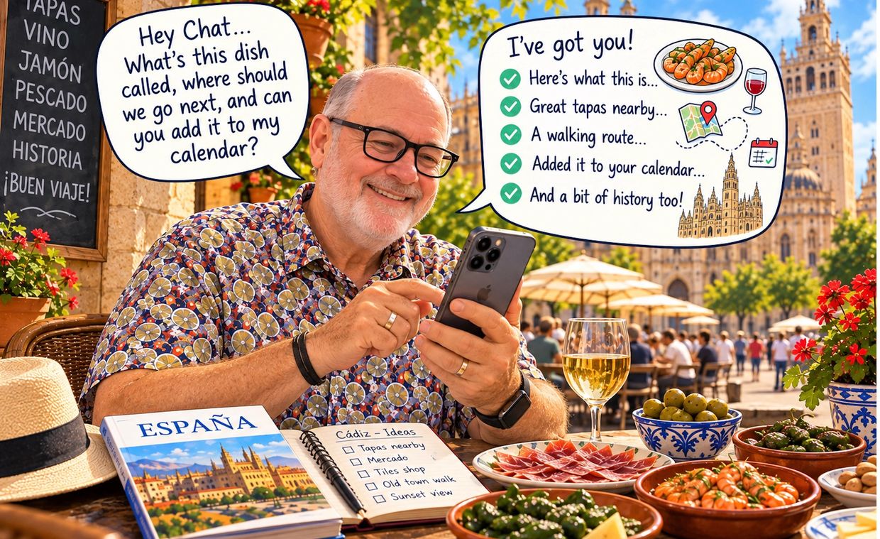 Man using phone at a tapas table in Spain, planning a trip.
