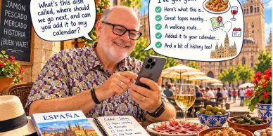 Man planning a trip to Spain using his phone and a travel guide.