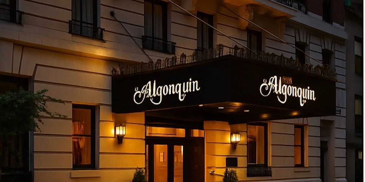 Entrance canopy with 'Algonquin' sign on a building.