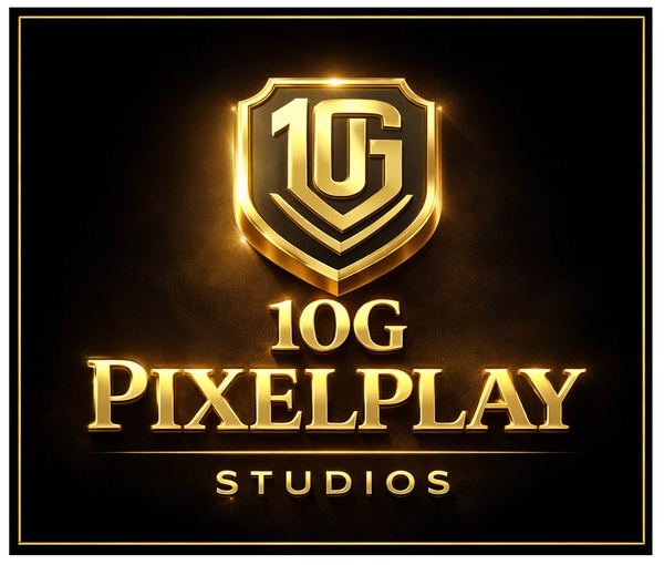Golden logo of 10G PixelPlay Studios on black background.