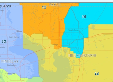 A colored map showing parts of Tampa Bay Area with numbered zones and county names.