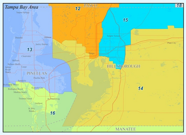 A colored map showing parts of Tampa Bay Area with numbered zones and county names.
