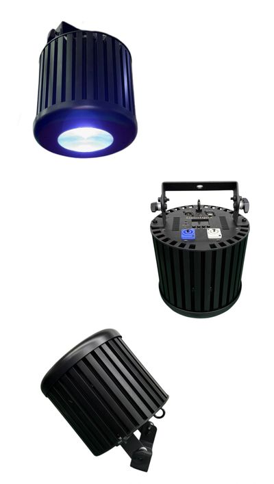 Three views of a black cylindrical LED stage light with cooling fins and mounting bracket.