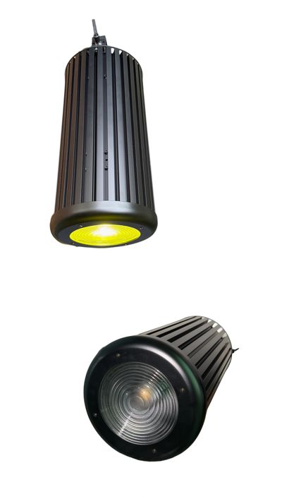 Two views of a black cylindrical LED high bay light with a ribbed design.