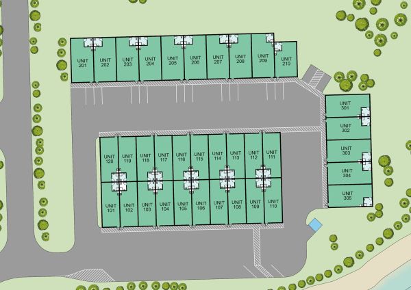Layout of units and parking in a complex.