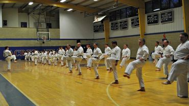 Many karate students practicing a synchronized side kick drill.