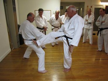 Two martial artists practicing a synchronized, mid-air kicking technique.