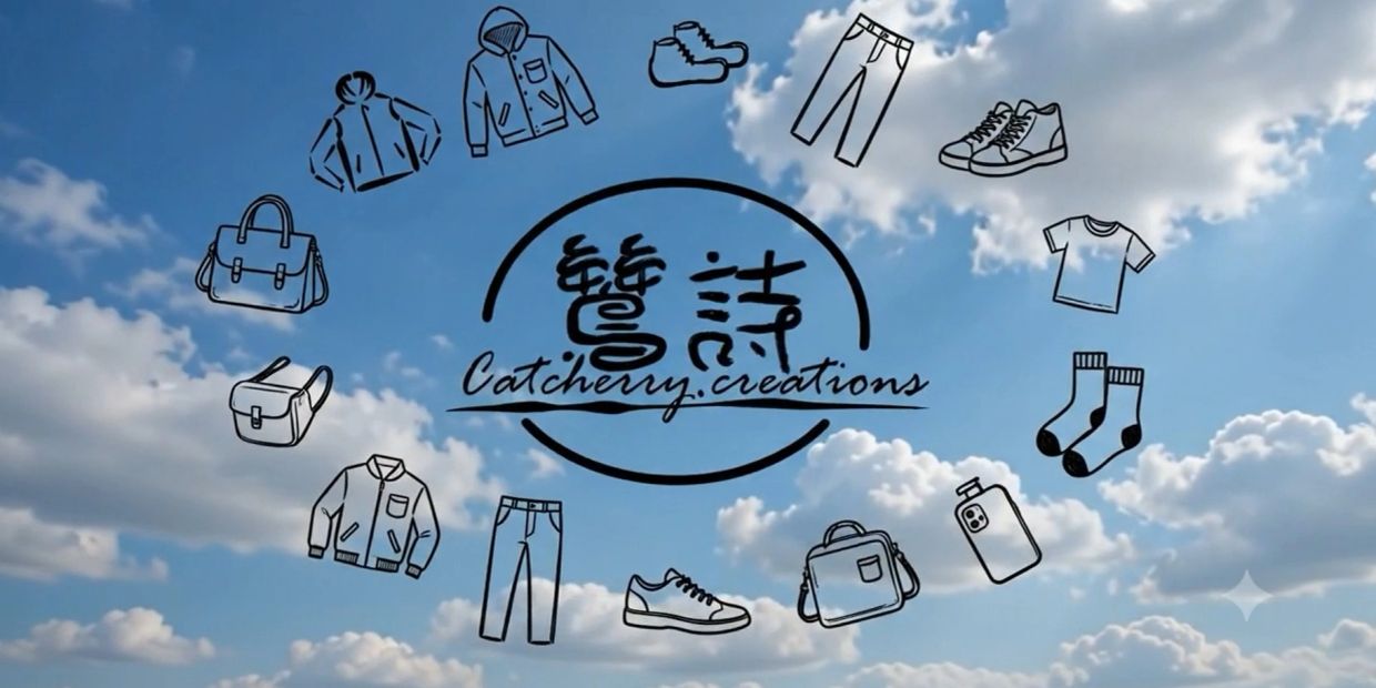 蓝天白云下展示服装与配件图标的品牌标志。