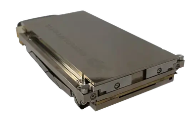 Metallic electronic device with screws and connectors.