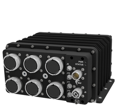 Black electronic device with six circular connectors.