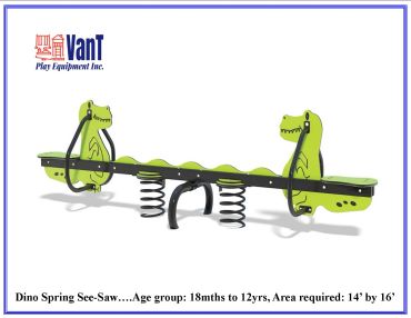Green dinosaur-themed spring see-saw for children.