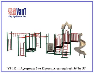 Colorful playground equipment designed for children aged 5 to 12 years.