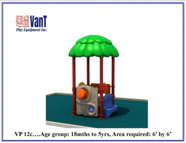 Compact playground structure for toddlers with a green roof and interactive panels.