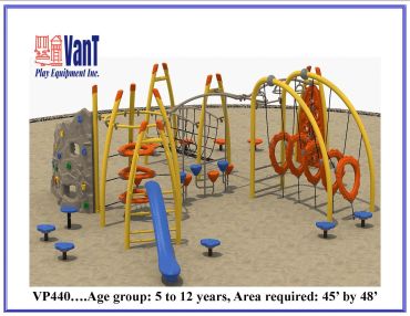 Colorful playground equipment for children aged 5-12 years.