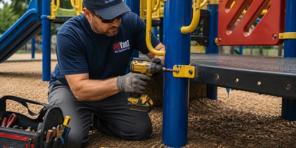 A man uses a power drill to fix playground equipment outdoors.