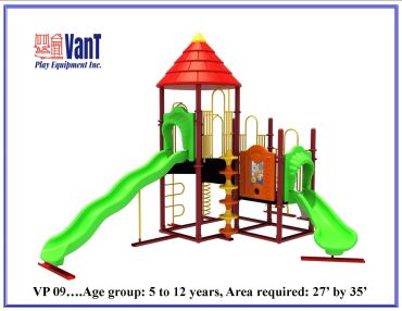 Colorful playground set with slides for children aged 5 to 12 years.