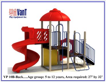 Colorful playground set with red spiral slide and climbing structure for kids.